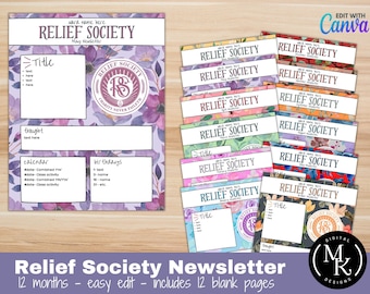 Relief Society Newsletters - 12 months, LDS Canva Template, Edit and Download Digital Printables