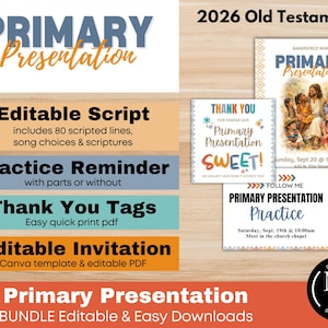 Peut inclure: Ensemble de téléchargement numérique pour une présentation primaire, comprenant un script modifiable, des rappels de pratique, des étiquettes de remerciement et des invitations. L'image présente du texte et des graphiques à thème religieux.