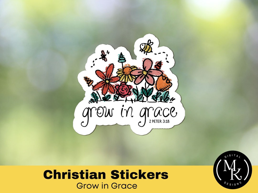Grow in Grace Christian Sticker, Floral Bible Verse, Waterproof Vinyl ...