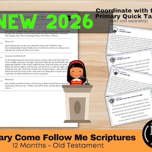 Puede incluir: Un producto digital con una ilustración de una niña en un atril, con el texto "NEW 2026" y "Primary Come Follow Me Scriptures". Incluye tarjetas de escritura y un logotipo. El tema es la educación religiosa.