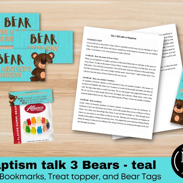 Baptism 3 Bears | LDS Baptism Talk & Printables Teal