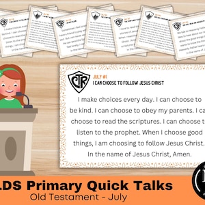 Könnte beinhalten: Ein Set aus acht rechteckigen Karten mit kurzen LDS Primary-Vorträgen für Juli, jeweils mit einem CTR-Schild-Logo und religiösem Text. Eine Karte ist im Vordergrund abgebildet und zeigt den Titel I Can Choose to Follow Jesus Christ.