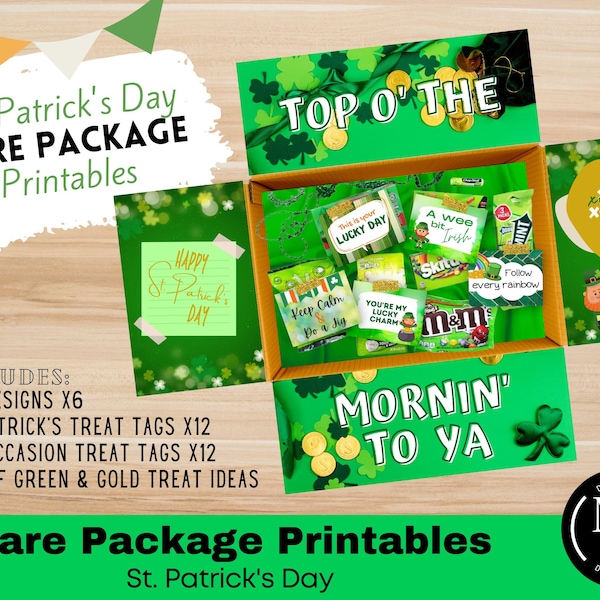 May include: Printable St. Patrick's Day care package box designs with green and gold shamrock patterns. The box includes a variety of treat tags with sayings like "Top O' The", "Mornin' To Ya", "Follow Every Rainbow", and "You're My Lucky Charm".