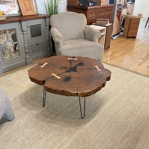 Coffee table MADE in THE USA!!!  Custom Modern black epoxy White Oak Cookie Coffee Table with hairpin legs
