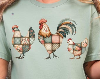Patchwork Floral Chicken Trio PNG Rustic Farmhouse Hen and Rooster Clipart Vintage Quilt Farmhouse Animals Digital Download