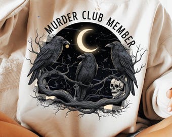 Murder Club Member Crow PNG, Gothic Raven Clipart, Dark Academia Halloween Design, Witchy Crow Sublimation, Spooky Skull Moon Art