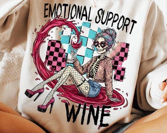 Soutien émotionnel vin PNG, Glam squelette vin Clipart, chemise impertinente squelette Design, graphique grunge à carreaux vin, drôle d'amateur de vin PNG