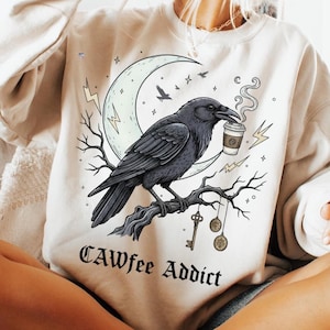CAW coffee Addict Crow PNG, Funny Raven Coffee Clipart, Gothic Halloween PNG, Dark Academia Crow Design, Witchy Coffee Sublimation Art