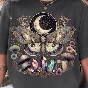 Celestial lunar moth PNG vintage moth crystals clipart cottagecore shirt boho mushroom PNG witchy aesthetic mystical moon digital Halloween