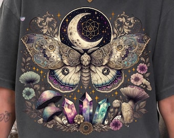 Celestial lunar moth PNG vintage moth crystals clipart cottagecore shirt boho mushroom PNG witchy aesthetic mystical moon digital Halloween