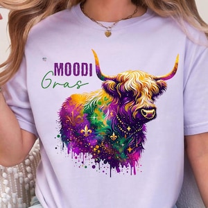 Vaca de pincelada de moody gras PNG Camisa de vaca de las tierras altas de carnaval PNG Diseño de clipart de amante de las vacas de las tierras altas de carnaval de sublimación de vaca escocesa