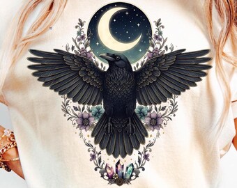 Himmlische Rabenmond PNG, Gothic Krähe Illustration, Witchy Lunar Vogel Kunst, Dark Academia Clipart, Mystisches Raben Design