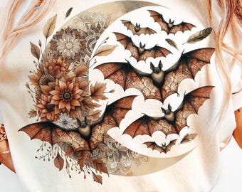 Boho Bats PNG Crescent Moon Halloween Clipart Rustic Autumn Bat PNG Earthy Mandala Bat Design for Fall Shirts & Sublimation digital