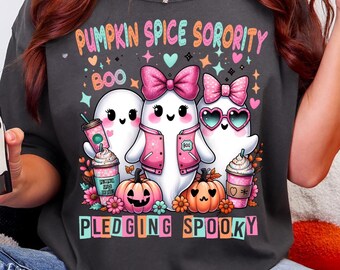 Pumpkin Spice Sorority PNG, Girly Halloween Ghosts, Coquette Pumpkin Bow Ghost, Preppy Fall Ghost PNG, PSL Halloween Shirt Design
