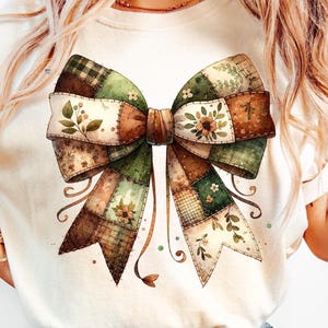 Cottagecore Fall Bow PNG Patchwork cucito fiocco autunnale Clipart vintage Autumn Bow PNG per magliette Coquette Fall PNG digitale