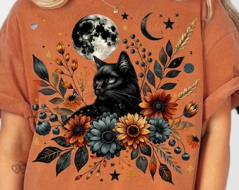 Celestial Black Cat PNG Clipart, Gothic Halloween Floral Cat Art, Autumn Full Moon Sunflowers Mystical Cat PNG Digital Download