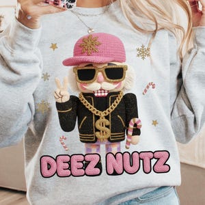 Crochet Gangster Nutcracker PNG Funny Christmas Nutcracker Clipart Deez Nutz nuts PNG Pink Gold Black Crochet Xmas Design for Shirts