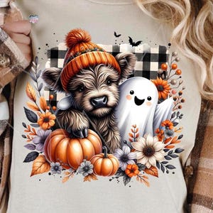 Cute fall highland cow ghost autumn pumpkins sublimation design, Trendy Fall Shirt Graphic, DTF Sublimation Commercial Use Digital File