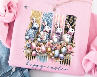 Vintage Osterhase Pinselstrich PNG Kokette Schleife Ostern Clipart Toile Floral Bunny Sublimation Distressed Pastel Bunny Design Digital