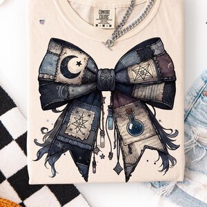 Potion Spell Patchwork Bow PNG Gothic Witchy Halloween Shirt Design Vintage Grunge Witch Bow Clipart Spooky Dark Academia Sublimation