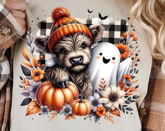 Lindo fantasma de vaca de las tierras altas de otoño PNG temporada espeluznante camisa de vaca de otoño PNG Halloween calabaza especiada PNG diseño de sublimación de fantasma Boo digital