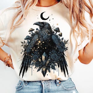 Celestial Raven PNG Dark Academia Gothic Art, Witchy Raven Shirt Design, Crystal Crow Clipart, Halloween Mystical Sublimation PNG