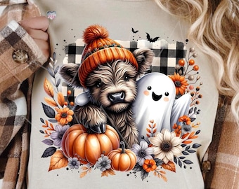 Lindo fantasma de vaca de las tierras altas de otoño PNG temporada espeluznante camisa de vaca de otoño PNG Halloween calabaza especiada PNG diseño de sublimación de fantasma Boo digital
