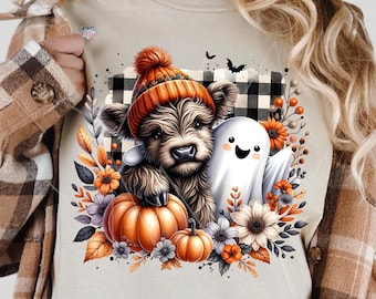 Cute fall highland cow ghost PNG spooky season autumn cow shirt PNG Halloween pumpkin spice PNG Boo ghost sublimation design digital
