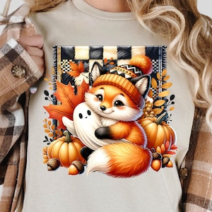 May include: A cute orange fox wearing a brown and white knit hat holds a white ghost. The fox is surrounded by fall leaves, pumpkins, and acorns on a black and white checkered background.