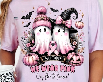 in ottobre indossiamo il rosa fantasma PNG consapevolezza del cancro al seno clipart halloween carino spettrale stagione PNG di' buu al cancro è buu foglio digitale