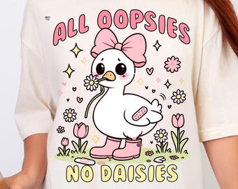 All Oopsies No Daisies Cute Goose PNG, Kawaii Goose Clipart with Bow, Funny Pastel Goose Design for Kids Shirts or Stickers