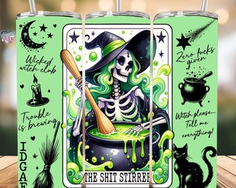 Carte dei tarocchi da strega sarcastica, bicchiere termico sottile da 20 once, estetica da strega, scheletro, horror, sublimazione, PNG, bicchiere termico di Halloween, digitale