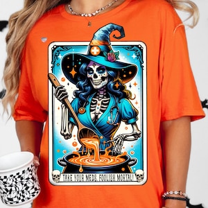 Carta de tarô de enfermeira PNG temporada assustadora Halloween esqueleto sarcástico camisa de enfermeira PNG tarô de bruxa enfermeira clipart médica estética de bruxa digital