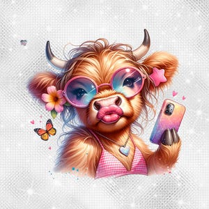 Summer Highland Cow PNG Hot Girl Summer Cow Clipart Selfie Cow in Gingham Bikini Digital Download for Sublimation