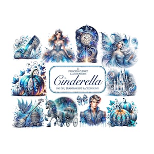 Cinderella Fairytale Clipart Bundle Png Blue Princess Party Printable ...