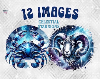 May include: Digital art featuring two celestial star signs: a blue crab and a ram. The text "12 IMAGES CELESTIAL STAR SIGNS" is displayed in navy blue. The crab is set against a starry background, while the ram is framed by a circular design.