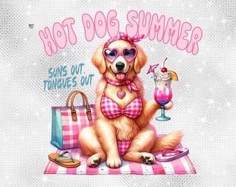 Hot Dog Summer PNG Bikini Beach Dog Clipart Funny Golden Retriever with cocktail Drink PNG suns out tongues out doggo Sublimation digital