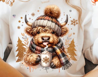 süße Highland Kuh PNG Weihnachtsbäume Cliparts Kakao Design gemütlich Winter flauschige Kuh Weihnachten Urlaub Highland Kuh PNG Schneeflocken digital
