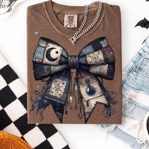Potion Spell Patchwork Bow PNG Gothic Witchy Halloween Shirt Design Vintage Grunge Witch Bow Clipart Spooky Dark Academia Sublimation