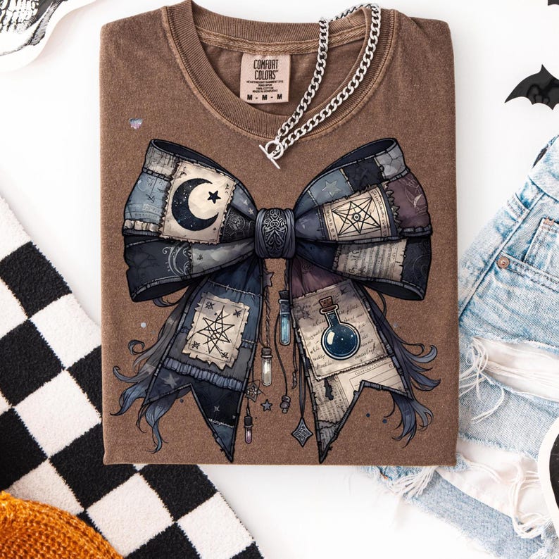 Potion Spell Patchwork Bow PNG Gothic Witchy Halloween Shirt Design Vintage Grunge Witch Bow Clipart Spooky Dark Academia Sublimation