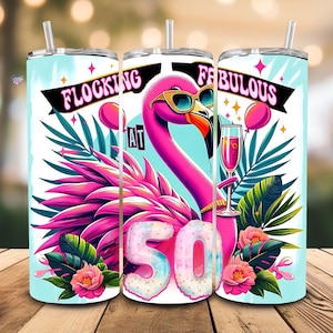 May include: A pink flamingo with sunglasses and a glass of champagne in a tropical setting with the text "Flocking Fabulous at 50".