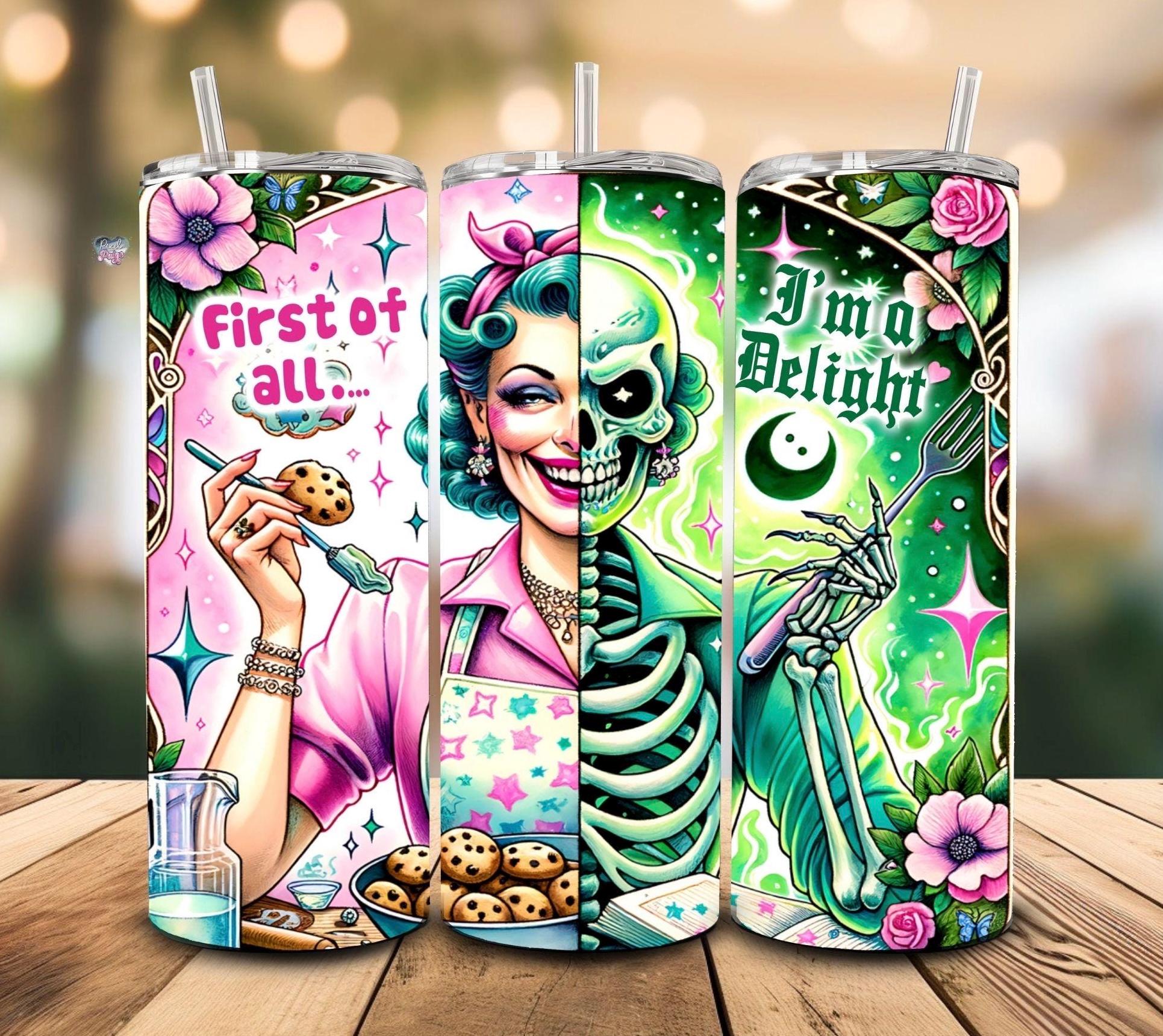 Unhinged sarcastic skeleton mom 20oz skinny tumbler wrap PNG vintage pin up mothers day tumbler 50s housewife snarky adult humor digital