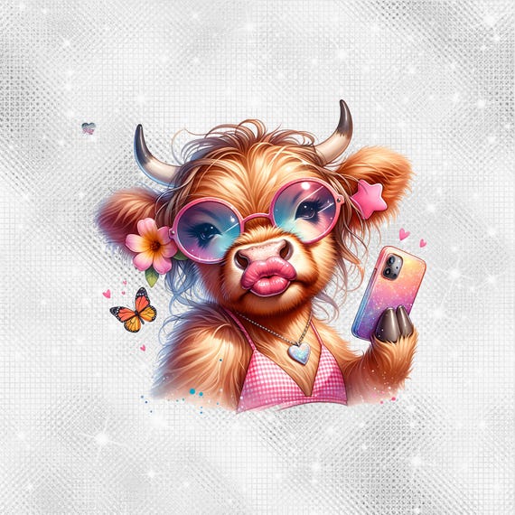 Summer Highland Cow PNG Hot Girl Summer Cow Clipart Selfie Cow in Gingham Bikini Digital Download for Sublimation