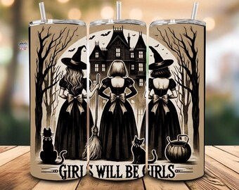 halloween haunted house witch 20oz skinny tumbler wrap girls will be girls tumbler spooky salem witches coven PNG witchy friends digital