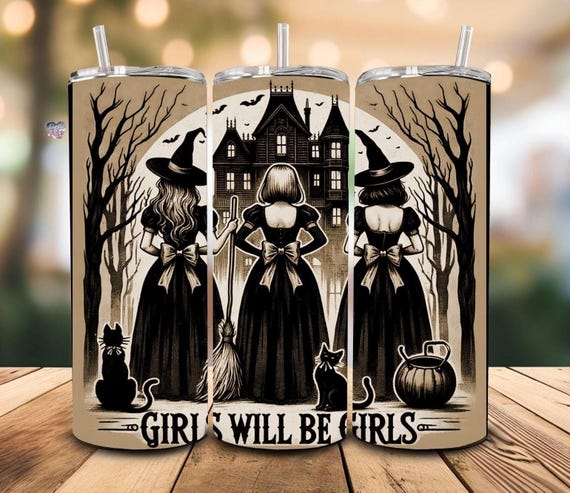 halloween haunted house witch 20oz skinny tumbler wrap girls will be girls tumbler spooky salem witches coven PNG witchy friends digital