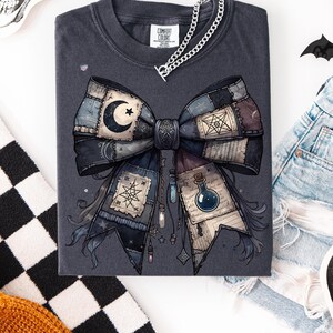 Potion Spell Patchwork Bow PNG Gothic Witchy Halloween Shirt Design Vintage Grunge Witch Bow Clipart Spooky Dark Academia Sublimation