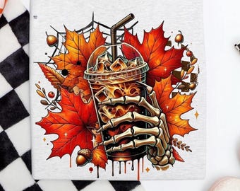 Skelett-iskaffe PNG, höstlöv sublimering Clipart, läskigt skelett hand-iskaffe digital nedladdning, höst Halloween PNG