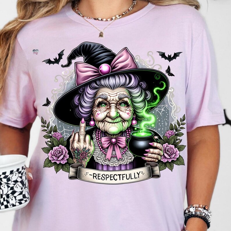 Respectfully Witch Grandma PNG Clipart, Sassy Green Witch Middle Finger Teacup Cauldron Halloween Shirt Sublimation Digital Download