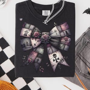 Spooky Patchwork Bow PNG Bundle Gothic Halloween Shirt Clipart Set Vintage Witchy Bows Dark Academia Grunge Halloween Sublimation
