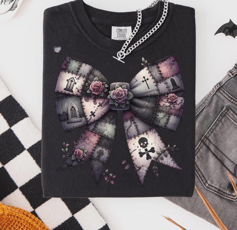 Spooky Patchwork Bow PNG Bundle Gothic Halloween Shirt Clipart Set Vintage Witchy Bows Dark Academia Grunge Halloween Sublimation